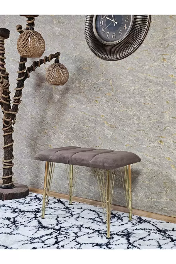 Metal Gold Tel Ayaklı 60 cm Puf Bench - Puf - Bench - Oturak - Mutfak Oturağı - Antre Oturağı Kahverengi Renk 60 x 40 Boyut/Ebat - Image 1