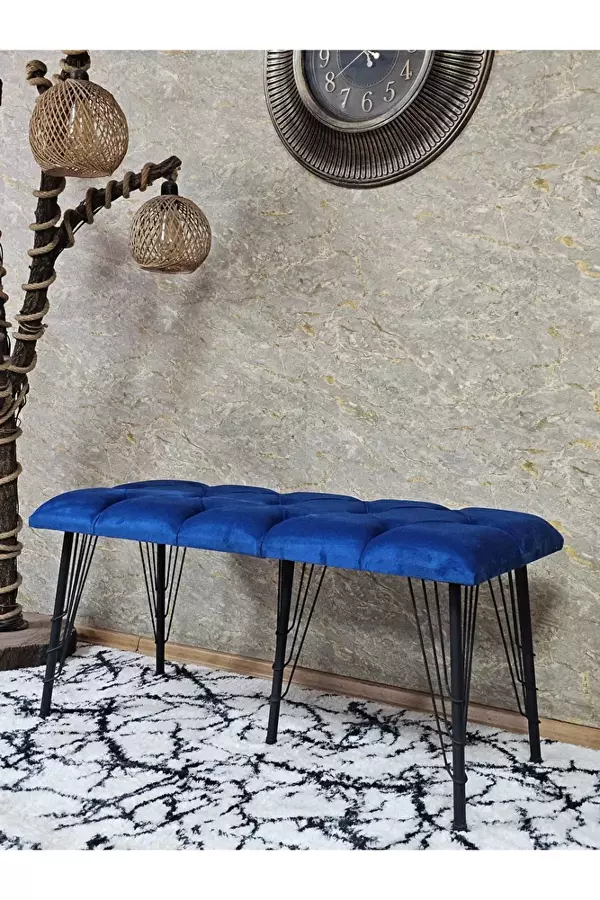 Metal Siyah Tel Ayaklı 100 cm Puf Bench - Puf - Bench - Oturak - Mutfak Oturağı - Antre Oturağı Mavi Renk 100 x 40 Boyut/Ebat - Image 1
