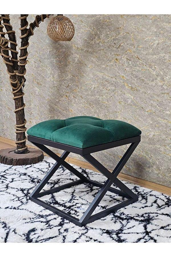Siyah Boyalı 45 cm x 45 cm Çaprazlı Puf Bench Oturak Yeşil Renk 45 x 45 Boyut/Ebat - Image 1