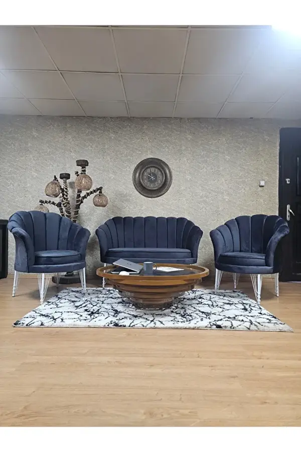 İstiridye Takım Beyaz Boyalı Telli Ayak Çay Seti Koltuk Takımı Füme Renk 110 x 48 Boyut/Ebat - Image 1