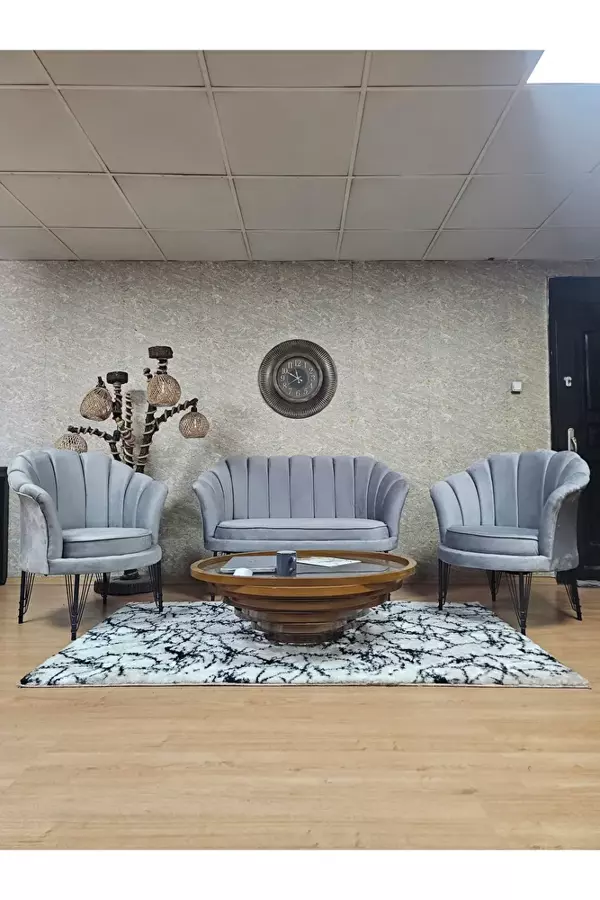 İstiridye Takım Siyah Boyalı Telli Ayak Çay Seti Koltuk Takımı Gri Renk 110 x 48 Boyut/Ebat - Image 1
