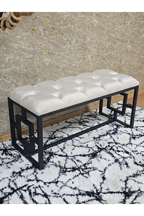 Siyah Boyalı İçi Kareli Diktörtgen 100 cm x 40 cm Oturak Puf - Bench - Makyaj Oturağı - Oturak Krem Renk 100 x 40 Boyut/Ebat - Image 1