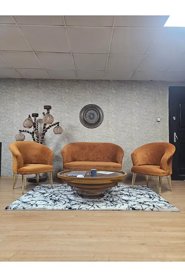 TEDDY Takım Gold Kaplama Telli Ayak Çay Seti Koltuk - Berjer , Balkon, Salon, Ofis Kiremit Renk 40 x 125 Boyut/Ebat - Image 1