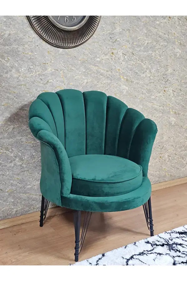 Tekli İstiridye Siyah Boyalı Telli Ayak Çay Seti Koltuk Tekli Berjer , Balkon, Salon, Ofis Yeşil Renk 47 x 47 Boyut/Ebat - Image 1