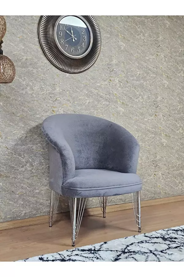Tekli TEDDY Krom Kaplama Telli Ayak Çay Seti Koltuk Tekli Berjer , Balkon, Salon, Ofis Gri Renk 40,5 Boyut/Ebat - Image 1