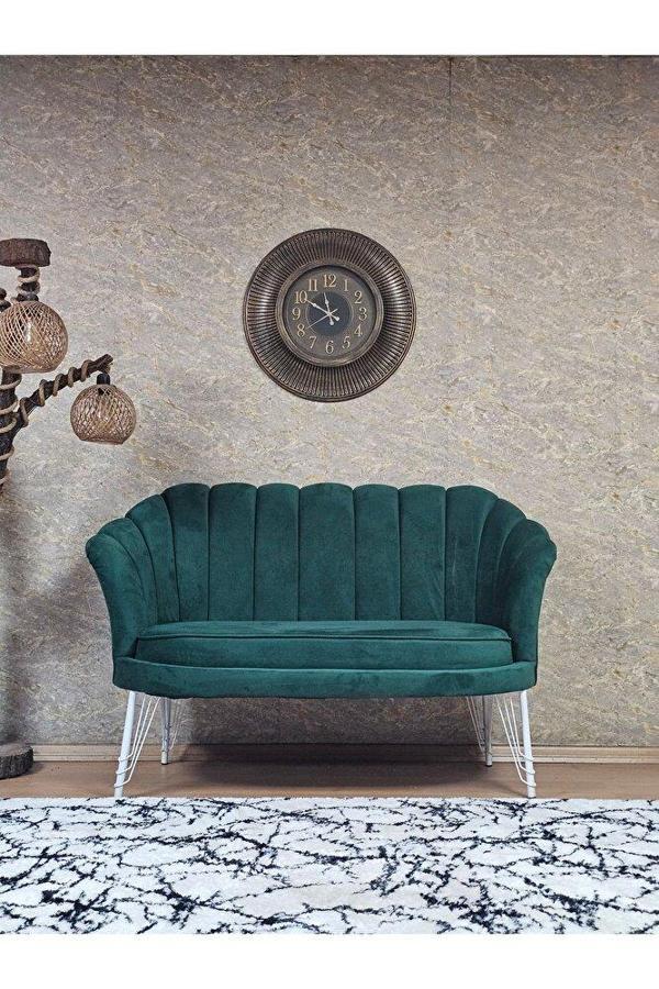 İkili İstiridye Beyaz Boyalı Telli Ayak Çay Seti Koltuk Tekli Berjer , İkili Berjer Koltuk Yeşil Renk 110 x 48 Boyut/Ebat - Image 1