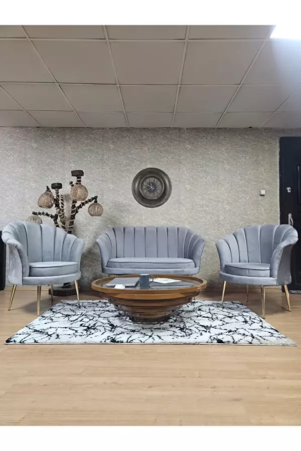 İstiridye Takım Gold Kaplama Sivriltme Ayak Çay Seti Koltuk Takımı Gri Renk 110 x 48 Boyut/Ebat - Image 1