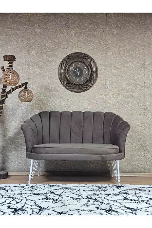 İkili İstiridye Beyaz Boyalı Telli Ayak Çay Seti Koltuk Tekli Berjer , İkili Berjer Koltuk Kahverengi Renk 110 x 48 Boyut/Ebat - Image 1