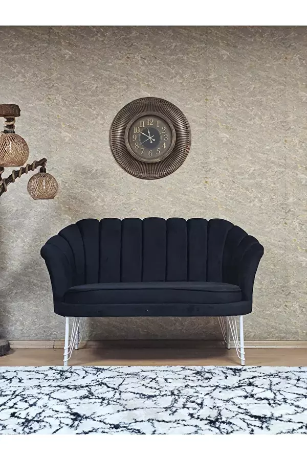 İkili İstiridye Beyaz Boyalı Telli Ayak Çay Seti Koltuk Tekli Berjer , İkili Berjer Koltuk Siyah Renk 110 x 48 Boyut/Ebat - Image 1