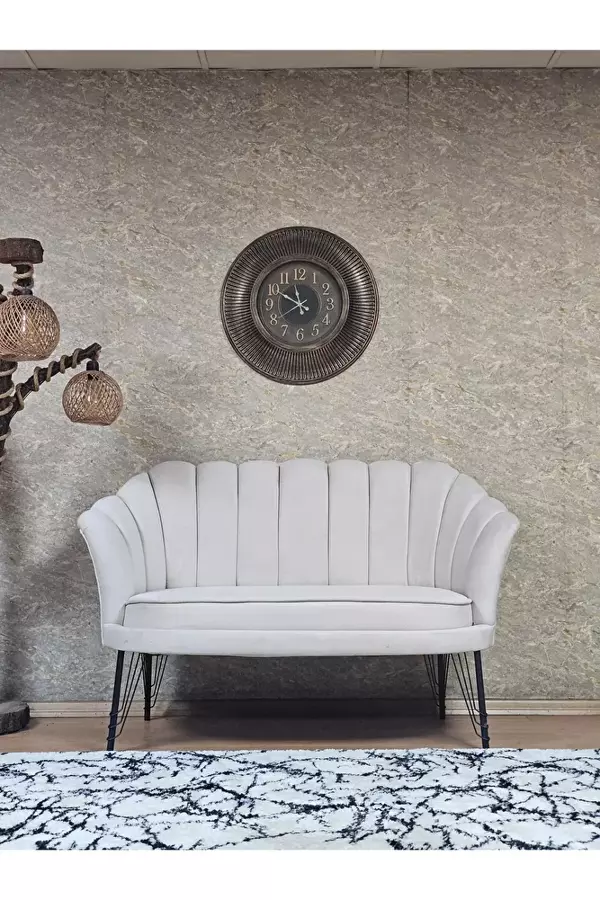 İkili İstiridye Siyah Boyalı Telli Ayak Çay Seti Koltuk Tekli Berjer , İkili Berjer Koltuk Krem Renk 110 x 48 Boyut/Ebat - Image 1