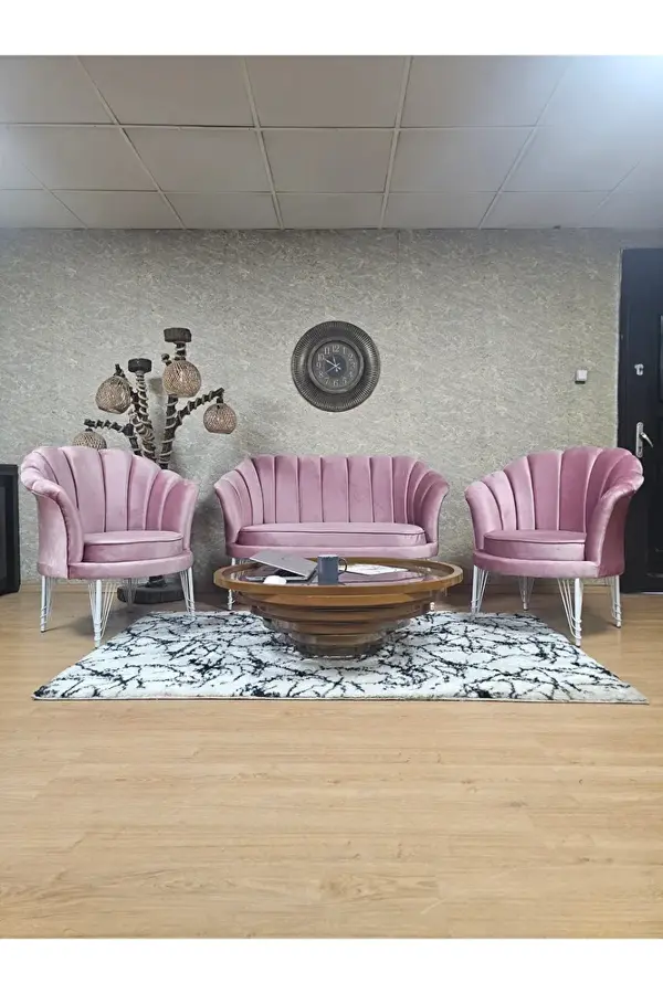 İstiridye Takım Beyaz Boyalı Telli Ayak Çay Seti Koltuk Takımı Pembe Renk 110 x 48 Boyut/Ebat - Image 1
