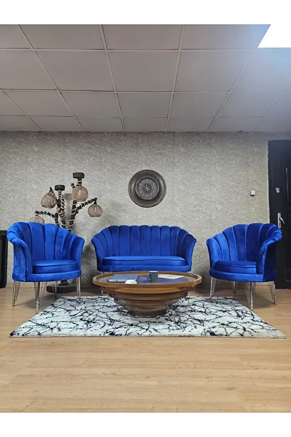 İstiridye Takım Krom Kaplama Telli Ayak Çay Seti Koltuk Takımı Mavi Renk 110 x 48 Boyut/Ebat - Image 1