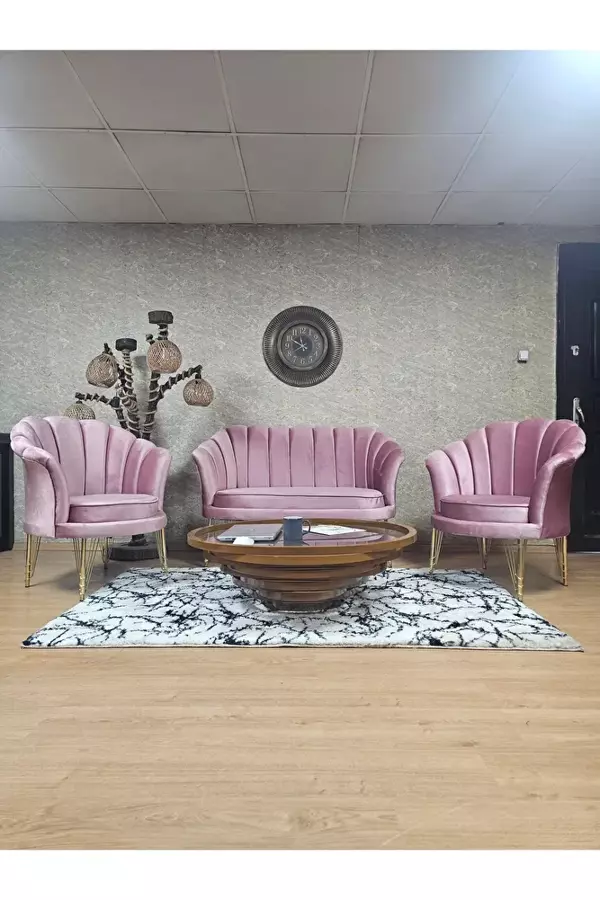 İstiridye Takım Gold Kaplama Telli Ayak Çay Seti Koltuk Takımı Pembe Renk 110 x 48 Boyut/Ebat - Image 1
