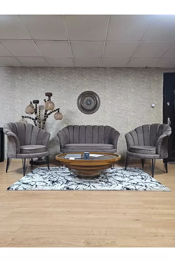 İstiridye Takım Siyah Boyalı Telli Ayak Çay Seti Koltuk Takımı Kahverengi Renk 110 x 48 Boyut/Ebat - Image 1