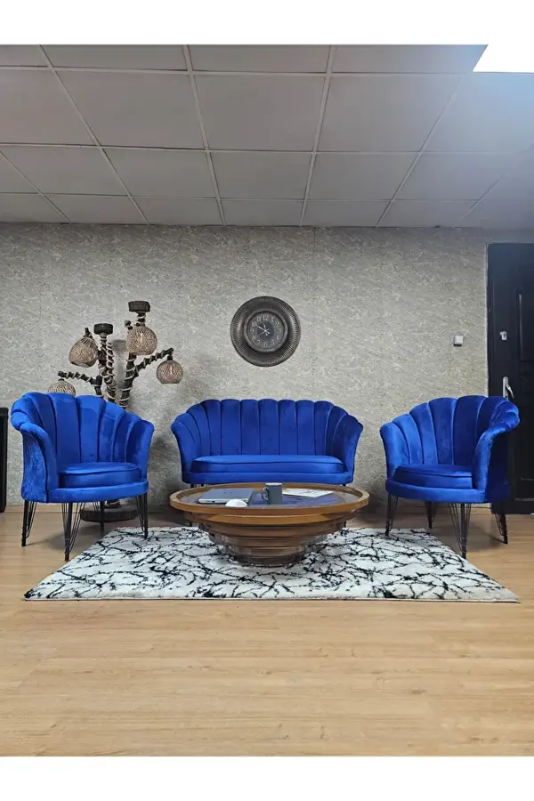 İstiridye Takım Siyah Boyalı Telli Ayak Çay Seti Koltuk Takımı Mavi Renk 110 x 48 Boyut/Ebat - Image 1