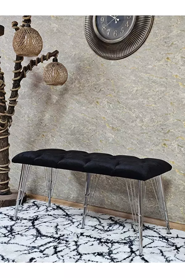 Metal Krom Tel Ayaklı 100 cm Puf Bench - Puf - Bench - Oturak - Mutfak Oturağı - Antre Oturağı Siyah Renk 100 x 40 Boyut/Ebat - Image 1