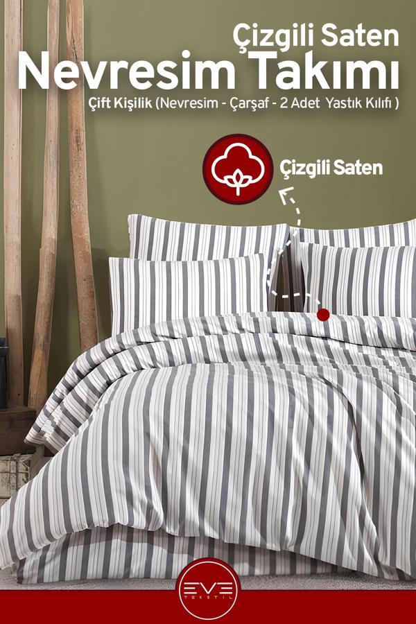 Saten Çizgili Çift Kişilik Lüks Nevresim Takımı Set 200x200 Cm - Image 1