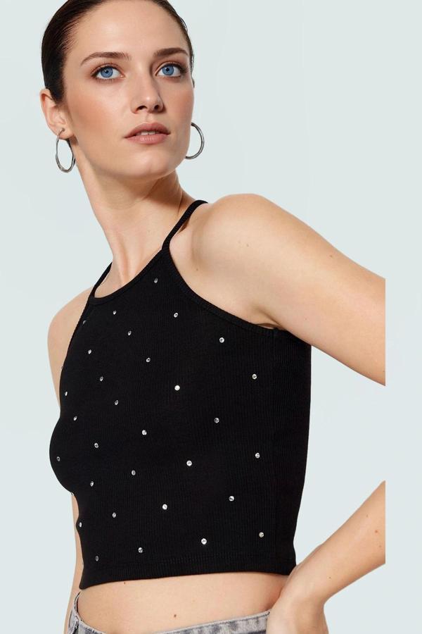 Fitted Crop Bluz Renk Pamuklu Kaşkorse Örme Kumaş Özenle Seçilmiş Premium Kalite - Image 1