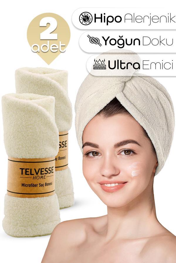 2 Adet Mikrofiber Saç Havlusu Lastikli Plaj Deniz Havuz Bonesi Banyo Saç Kurutma Baş Havlusu Krem - Image 1
