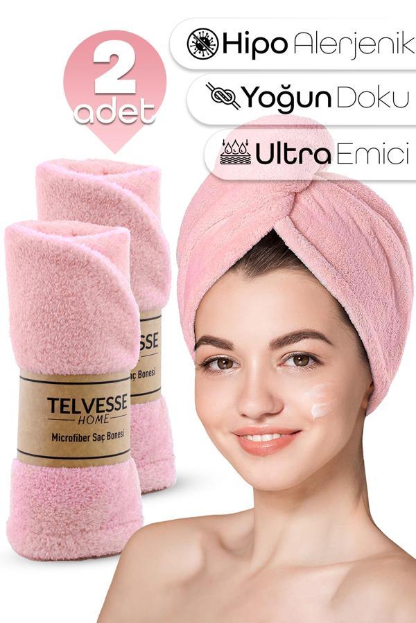 2 Adet Mikrofiber Saç Havlusu Lastikli Plaj Deniz Havuz Bonesi Banyo Saç Kurutma Baş Havlusu Pembe - Image 1