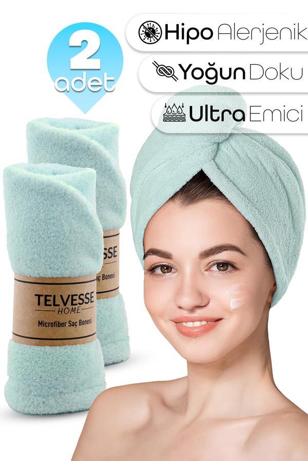 2 Adet Mikrofiber Saç Havlusu Lastikli Plaj Deniz Havuz Bonesi Banyo Saç Kurutma Baş Havlusu Turkuaz - Image 1