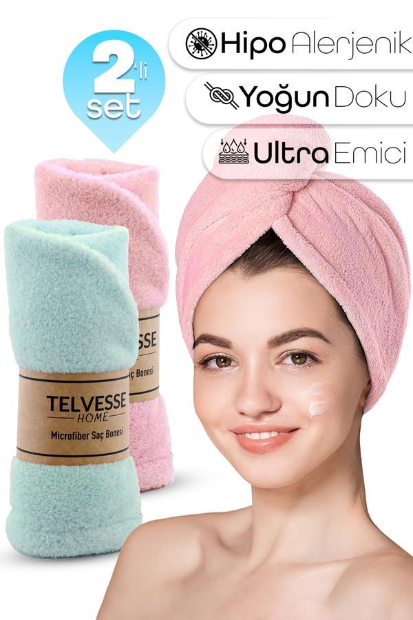 2li Set Mikrofiber Saç Havlusu Plaj Deniz Havuz Bonesi Banyo Saç Kurutma Baş Havlusu Turkuaz-Pembe - Image 1