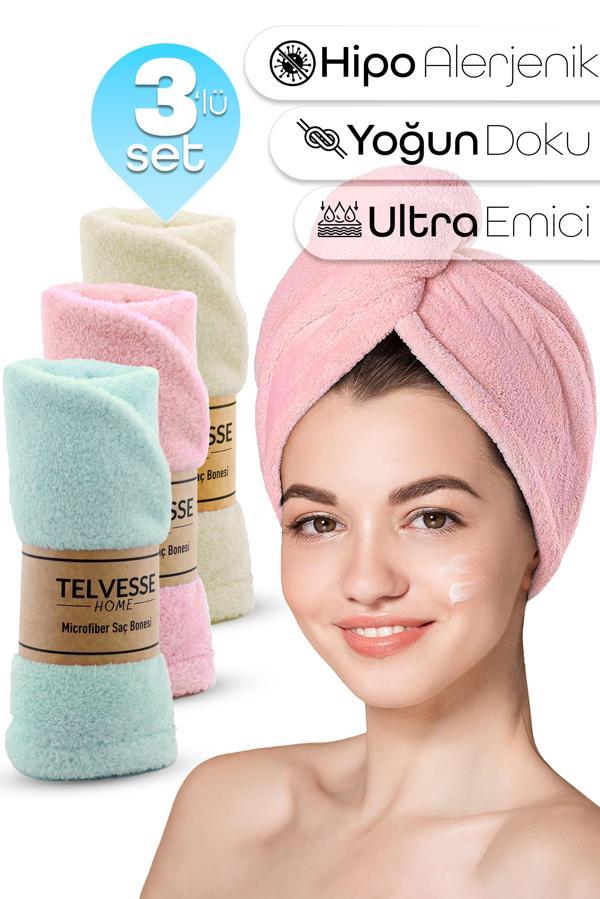 3lü Set Mikrofiber Saç Havlusu Plaj Deniz Havuz Bonesi Banyo Saç Kurutma Baş Havlusu KRM-PMB-TRKUAZ - Image 1