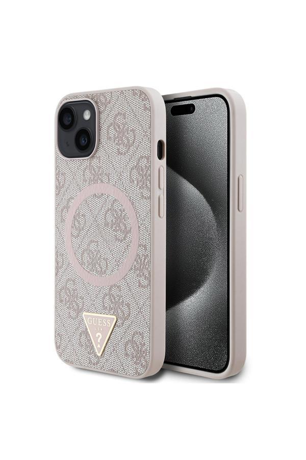Guess 14 Kılıf Lisanslı Magsafe Şarj Özellikli Pu Üçgen Logo 4G Desenli Kapak Pembe - Image 1