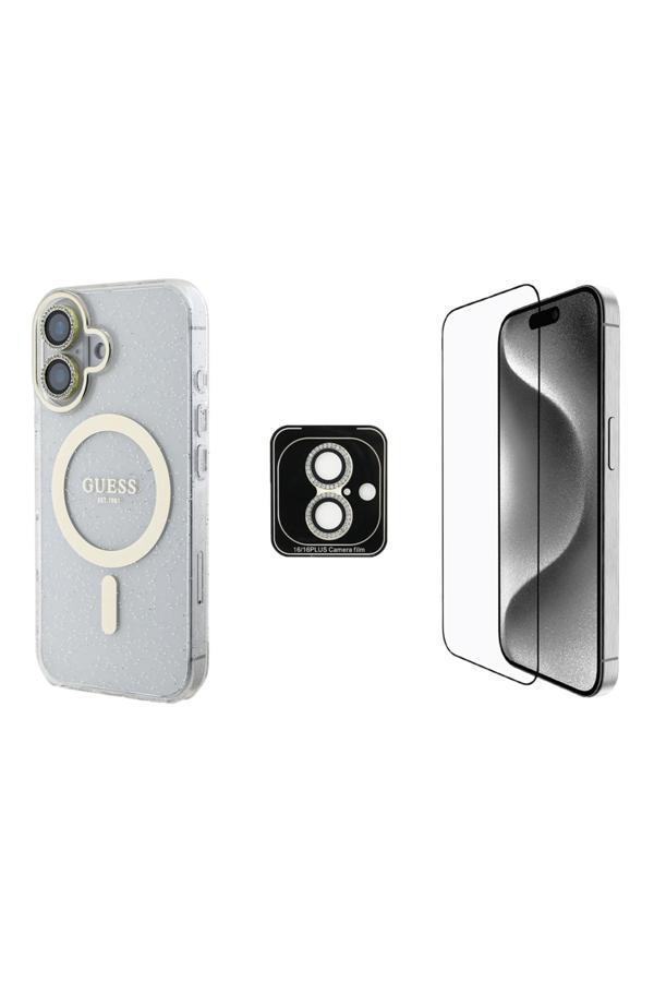 Guess İphone 16 Guess Lisanslı 3'Lü Aksesuar Seti Iml Simli Glitter Kılıf Ekran Ve Lens Koruyucu Şeffaf - Image 1