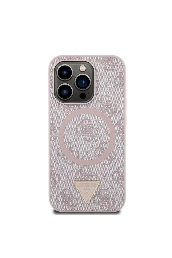 Guess 16 Pro Max  Uyumlu Kılıf Şarj Özellikli Pu Üçgen Logo 4G Desenli Kapak Pembe - Image 1