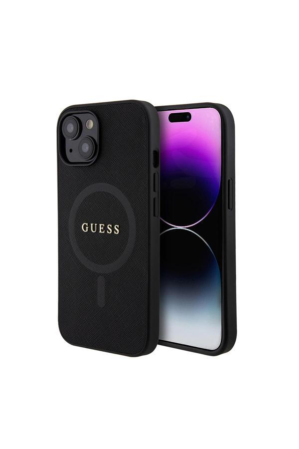 Guess 14 Uyumlu Kılıf Lisanslı Magsafe Şarj Özellikli Yazı Logolu Saffiano Classic Kapak Siyah - Image 1