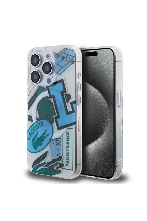 Lacoste İphone 15 Pro Kılıf Lisanslı Magsafe Şarj Özellikli Yamalar Desenli Mavi - Image 1