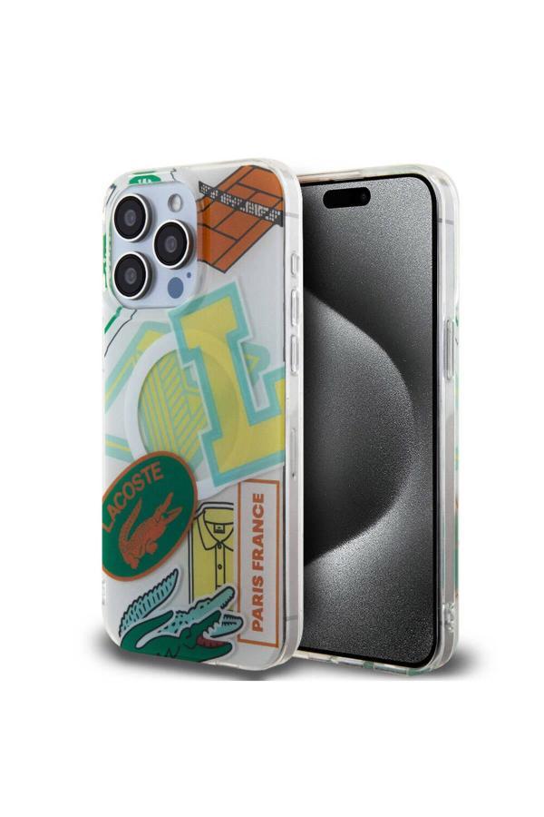 Lacoste İphone 15 Pro Max Kılıf Lisanslı Magsafe Şarj Özellikli Yamalar Desenli Sarı - Image 1