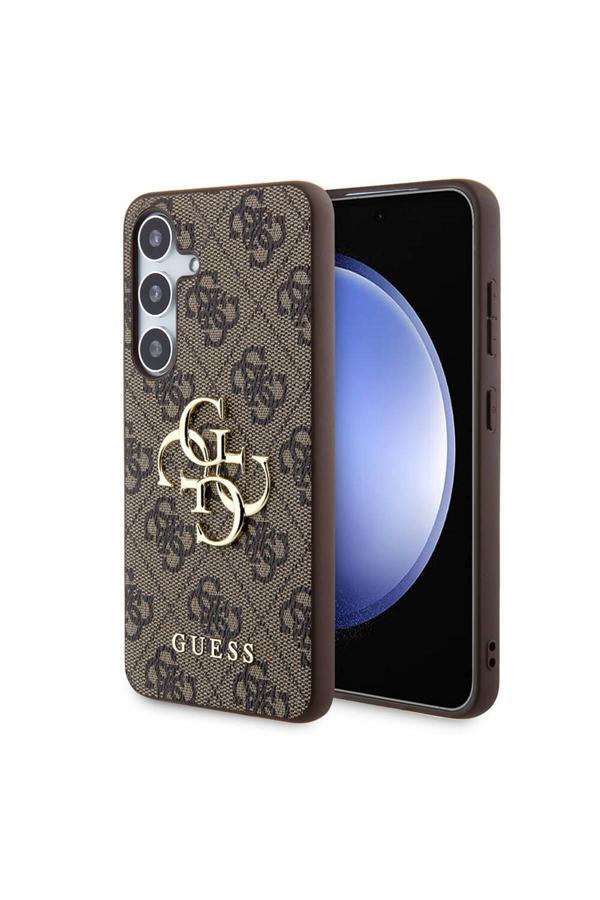 Guess Galaxy S24 Uyumlu Kılıf Lisanslı Pu Deri Yazı Ve 4G Metal Logolu Desenli Kapak Kahverengi - Image 1