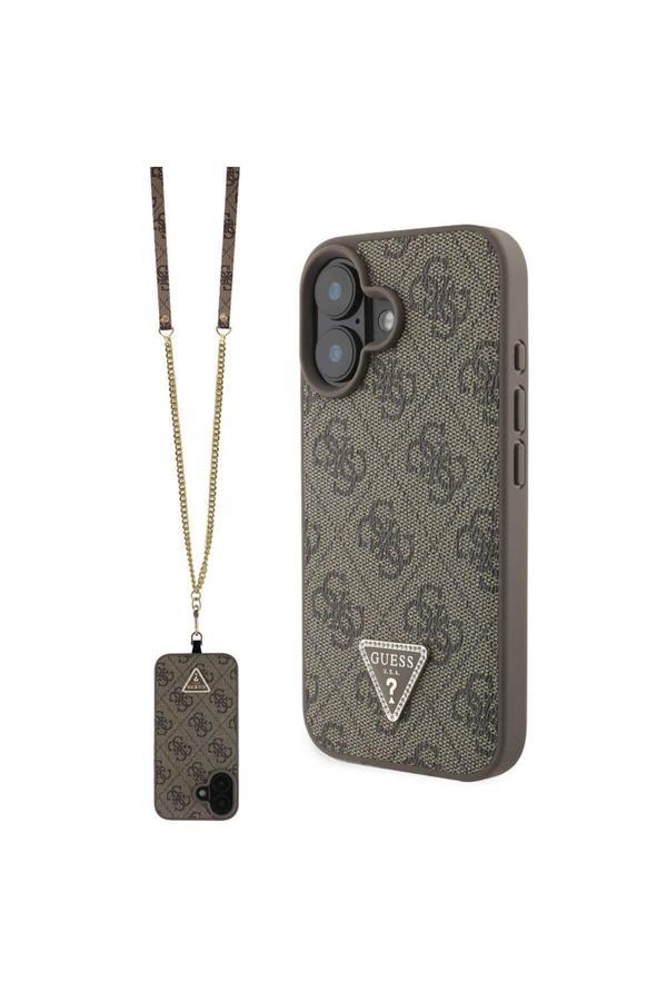 Guess İphone 16 Uyumlu Kılıf Lisanslı Pu Deri Taşlı Metal Üçgen Logo Vücut Askılı 4G Desenli - Image 1