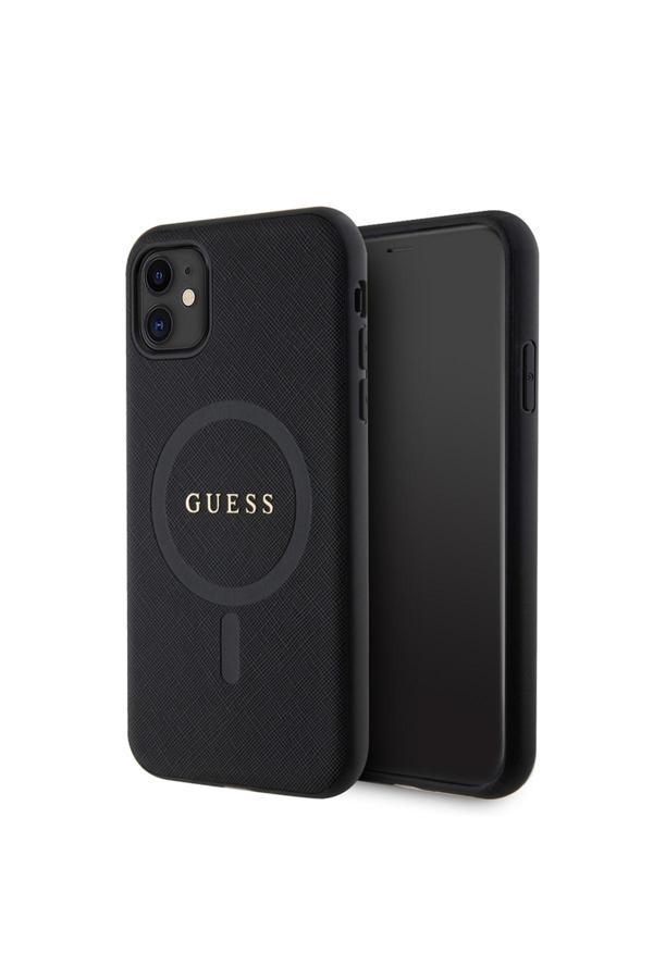 Guess İphone 11 Uyumlu Kılıf Yazı Logolu Saffiano Classic Kapak Siyah - Image 1