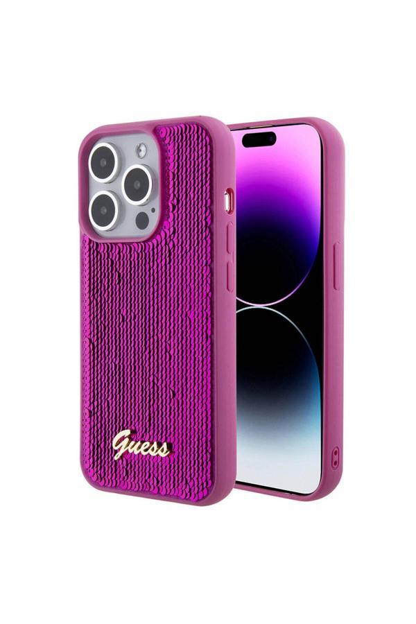 Guess İphone 15 Prouyumlu Kılıf Lisanslı Pullu Arka Yüzey Metal Yazı Logolu Sequin Script Pembe - Image 1