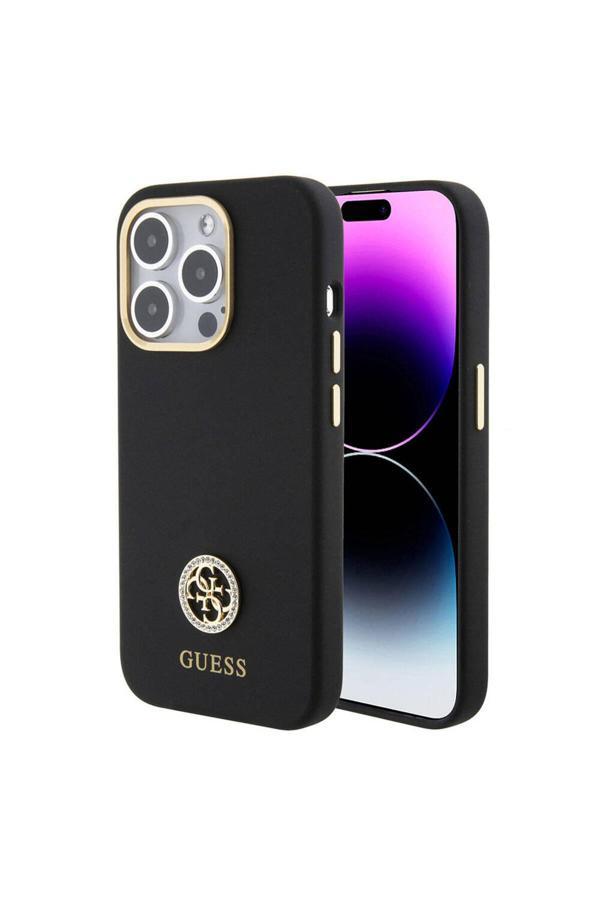 Guess İphone 15 Pro Max Kılıf Uyumlu Lisans Yazı Ve Taşlı 4G Logolu Kamera Çerçeveli Silikon Siyah - Image 1