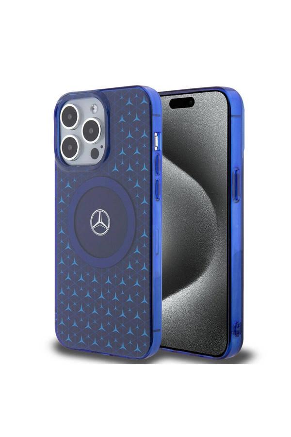 Mercedes Benz İphone 15 Pro Max Uyumlu Kılıf Mercedes Benz Lisanslı Magsafe Şarjlı Mini Yıldız Desenli Mavi - Image 1