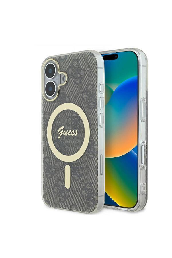Guess İphone 16 Plus Uyumlu Kılıf Lisanslı Magsafe Özellik Yazı Logolu 4G Desenli Kahverengi - Image 1