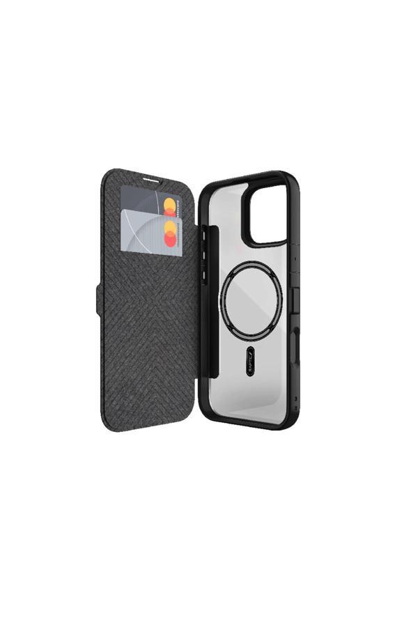 Raptic İphone 16 Kılıf Magsafe Uyumlu Vegan Deri Şeffaf Kartlıklı Urban Folio Serisi Kapak Siyah - Image 1