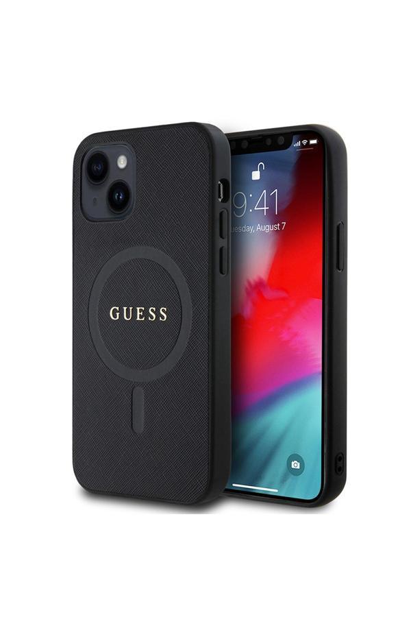 Guess İphone 12 Uyumlu Kılıf  Lisanslı Magsafe Şarj Özellikli Yazı Logolu Saffiano Classic Kapak Siyah - Image 1