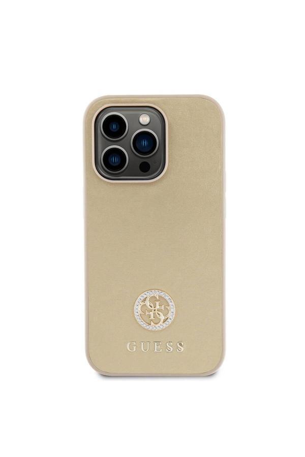 Guess İphone 14 Pro Max Uyumlu Kılıf Lisanslı Deri 4G Metal Logo Strass Kapak Gold - Image 1