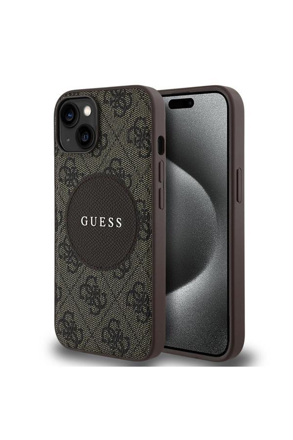 Guess İphone 15 Kılıf Lisanslı M-Safe Şarj Özellikli Yazı Logolu Circle Classic Kapak Kahverengi - Image 1
