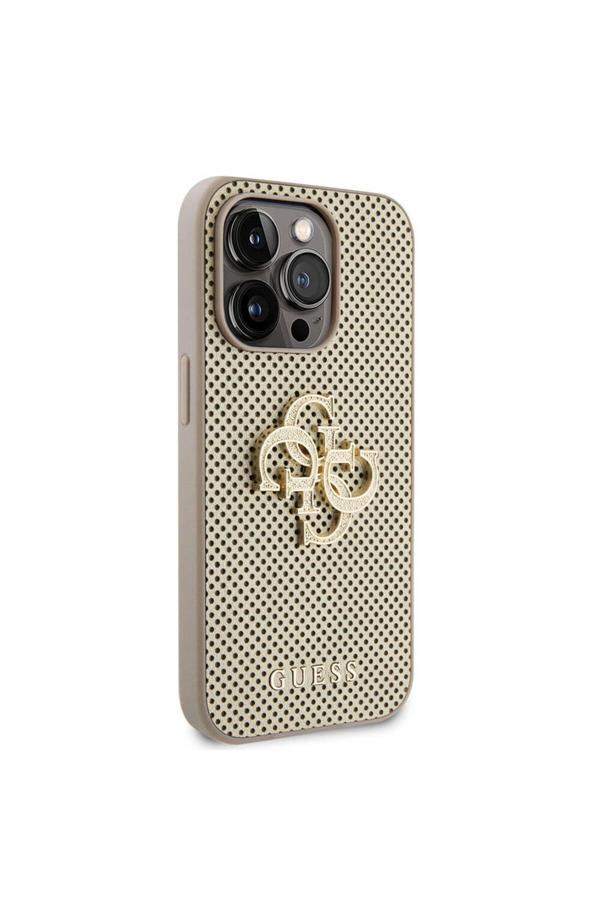 Guess İphone 15 Pro Uyumlu Kılıf Lisanslı Delikli Yazı Ve 4G Glitter Büyük Metal Logo Gold - Image 1