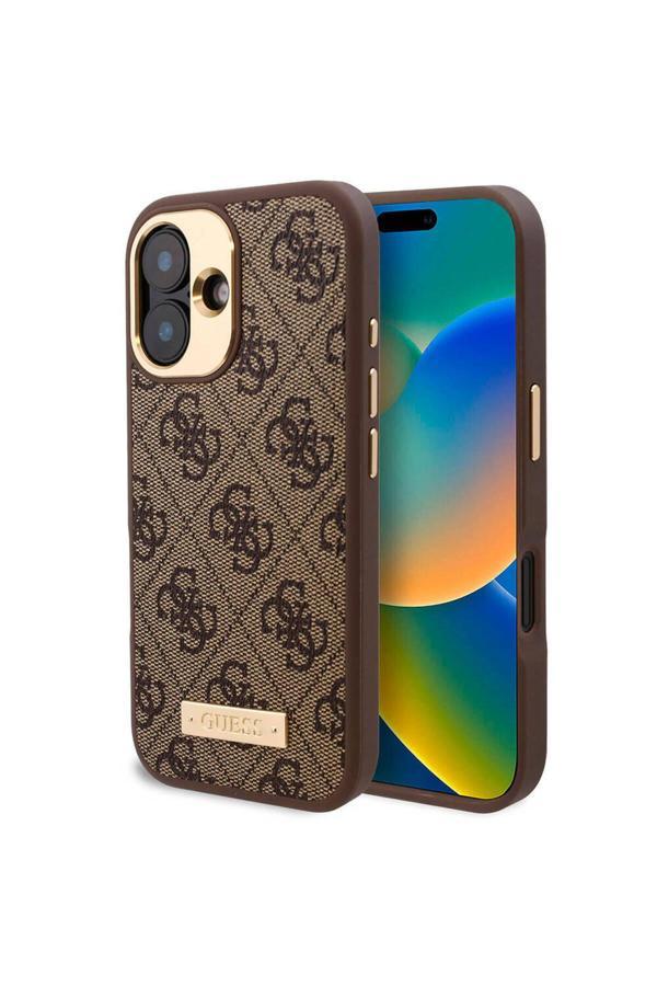 Guess İphone 16 Uyumlu Kılıf Lisanslı Magsafe Özellik Pu 4G Desenli Metal Klasik Logolu Kahverengi - Image 1