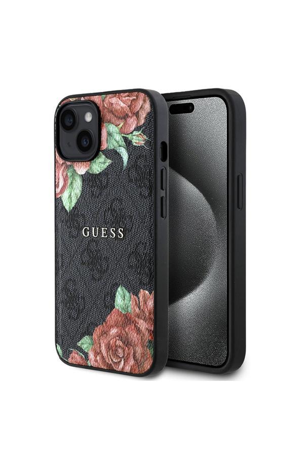 Guess İphone 15 Uyumlu Kılıf Gül Baskılı 4G Desenli Yazı Logolu Kapak Siyah - Image 1