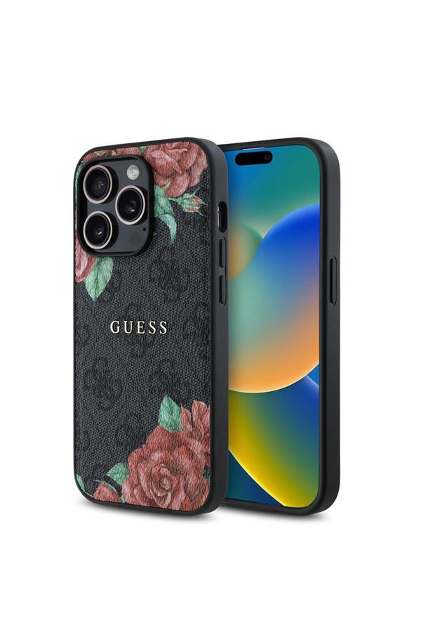 Guess İphone 14 Pro Kılıf Lisanslı Magsafe Şarj Özellikli Gül Baskılı 4G Desenli Yazı Logolu Siyah - Image 1