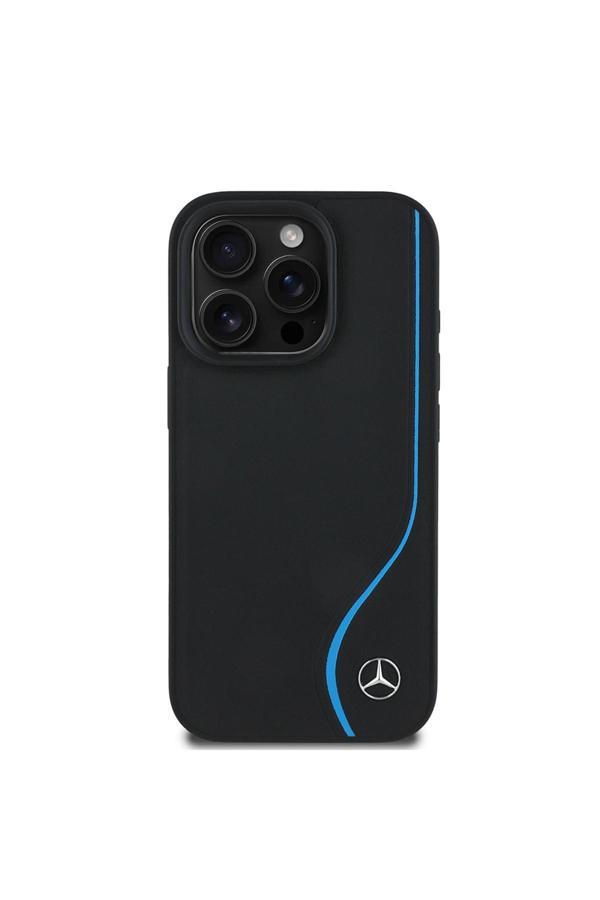Mercedes Benz İphone 16 Pro Kılıf Mercedes Benz Lisanslı Magsafeli 3D Logolu Mavi Dikey Çizgili Deri Kapak Siyah - Image 1