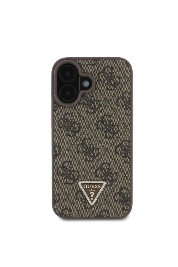 Guess İphone 16 Kılıf Uyumlu Pu Deri Taşlı Üçgen Logo 4G Desenli Strass Kapak Kahverengi - Image 1